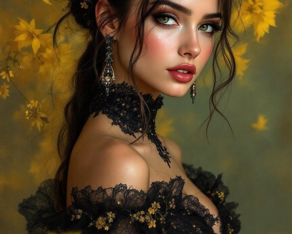 Elegant Young Woman in Black Lace with Floral Accents