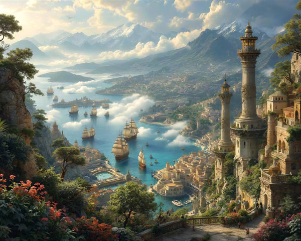 Coastal City on Cliffs with Sailing Ships and Mountains