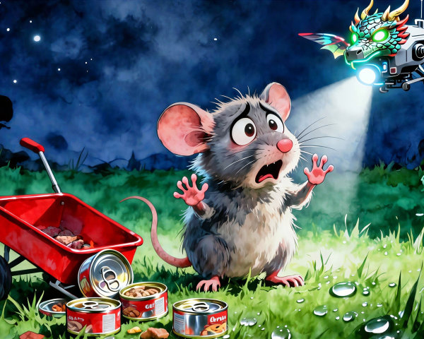 Cartoon Gray Mouse Reacts to Flying Dragon Drone