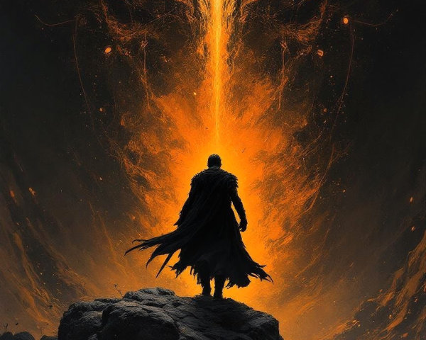 Lone Figure Against Fiery Cosmic Vortex in Sky
