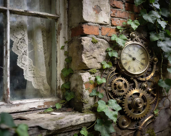 Close-up of an old window frame and steampunk clock