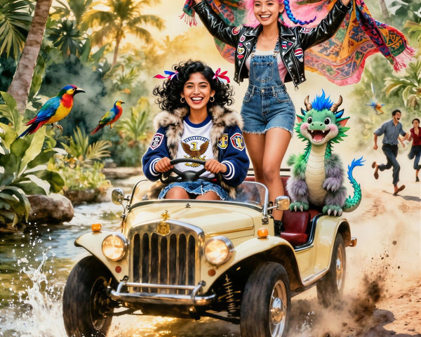 Vibrant Illustration of Women and Dragon in Jeep Adventure