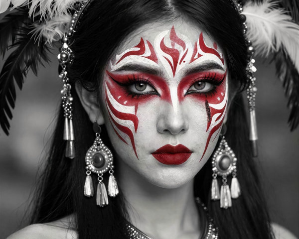 Woman in Feathered Headdress with Tribal Makeup
