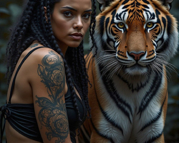 Woman with Tattoos and Tiger in Lush Forest Setting