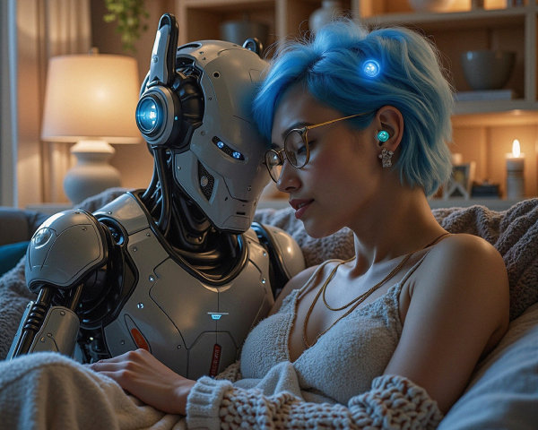 Cozy Room Featuring Woman and Futuristic Robot