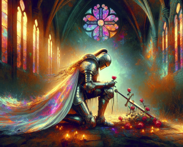 Knight in Armor Kneeling in Mystical Cathedral