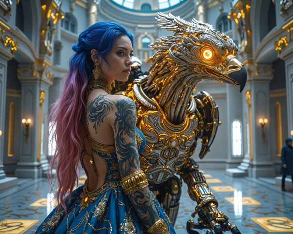 Lavish Hall with Woman and Robotic Eagle Figure