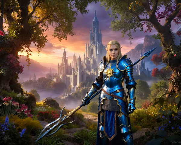 Elf Woman in Blue Armor in Fantasy Forest Setting