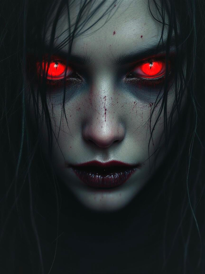 Haunting figure with dark hair and glowing red eyes