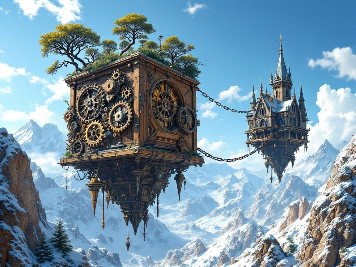 Steampunk Landscape with Floating Mechanical Cube and Castle