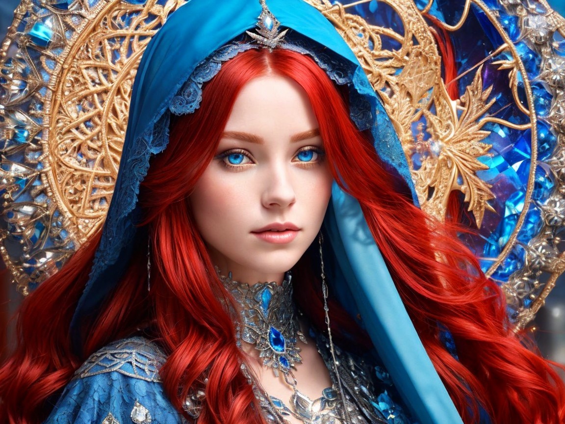 Young woman in blue hood with red hair and jewels