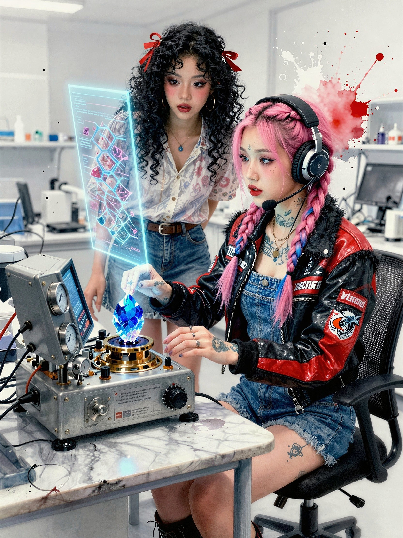 Young women in a science lab with glowing crystal device
