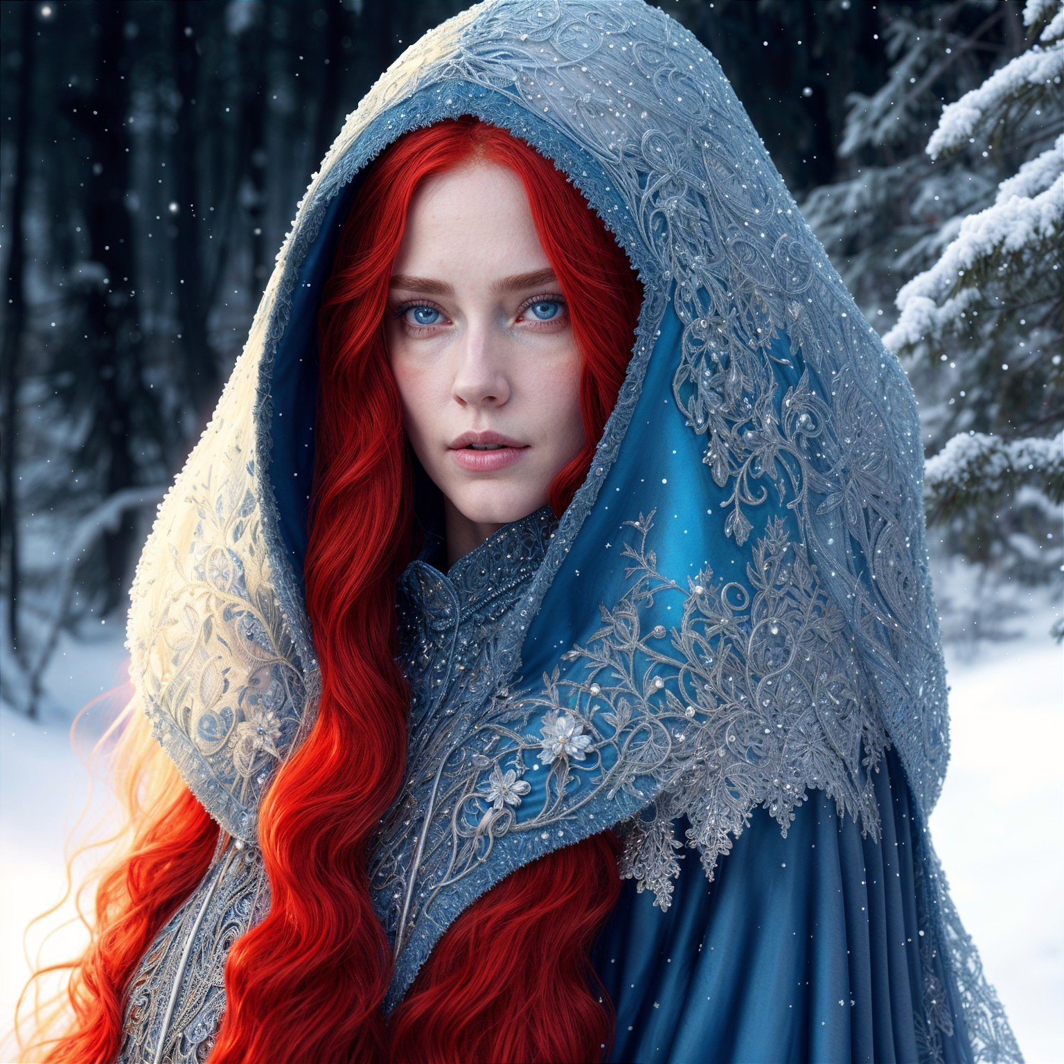 Young Woman in Blue Cloak in Snowy Forest Setting