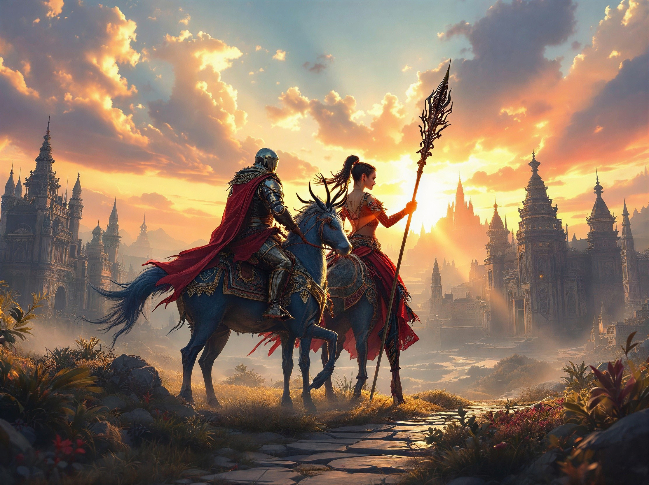 Knight and Warrior Woman on Horseback at Sunset