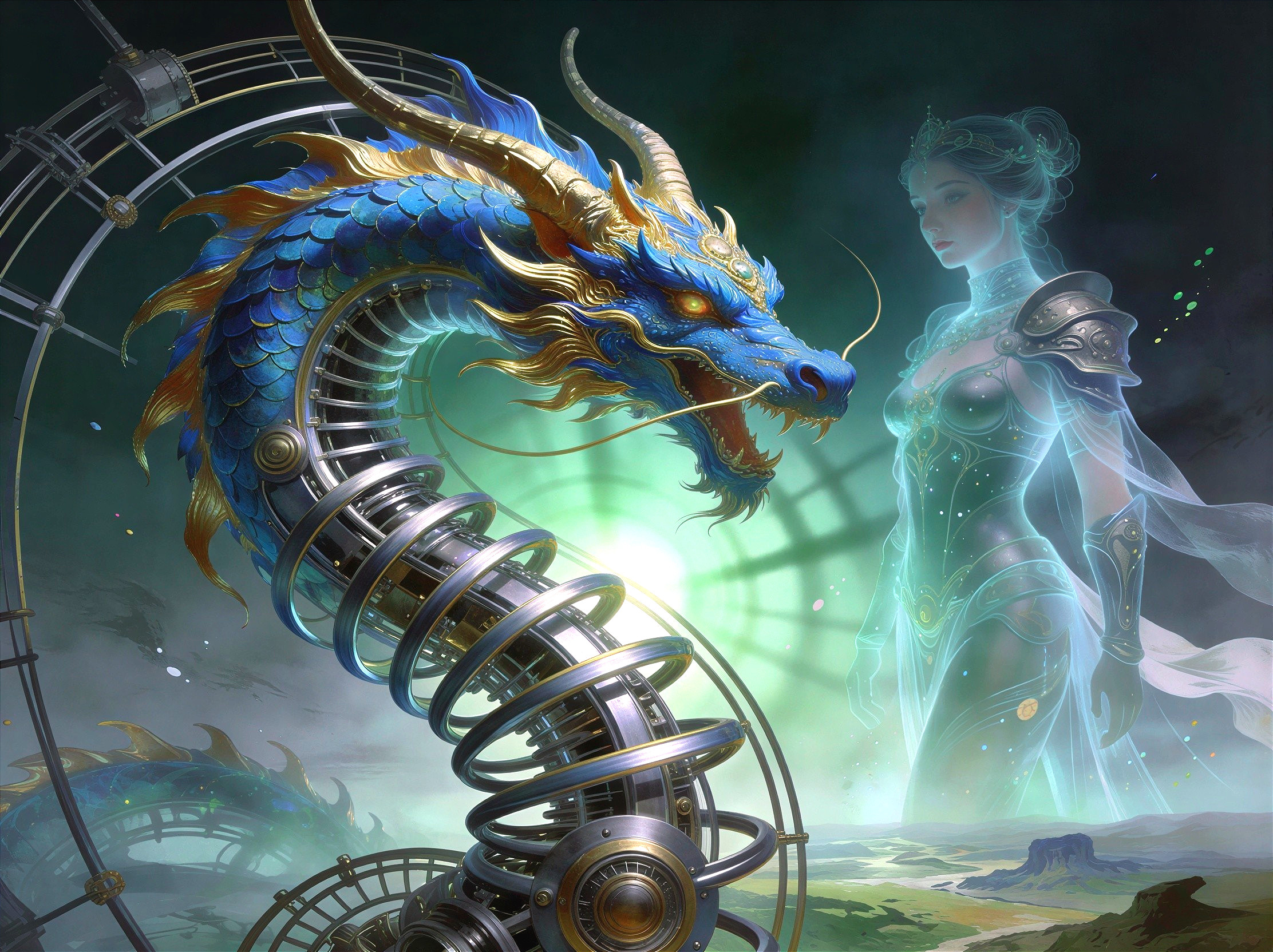 Cyborg Dragon and Ghostly Queen in Digital Painting