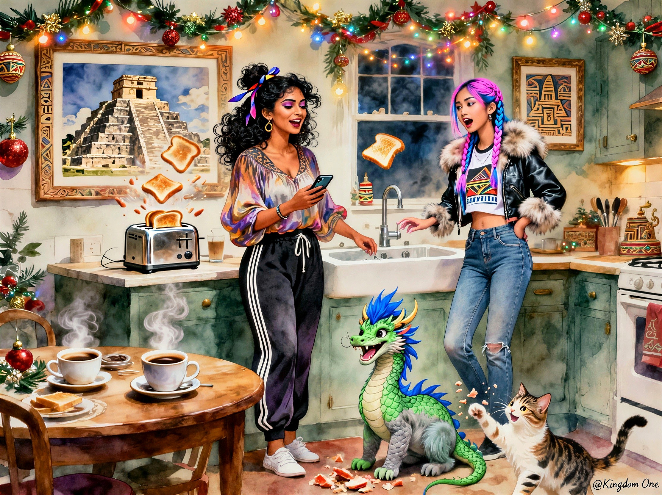 Women in a Christmas-decorated kitchen with toast