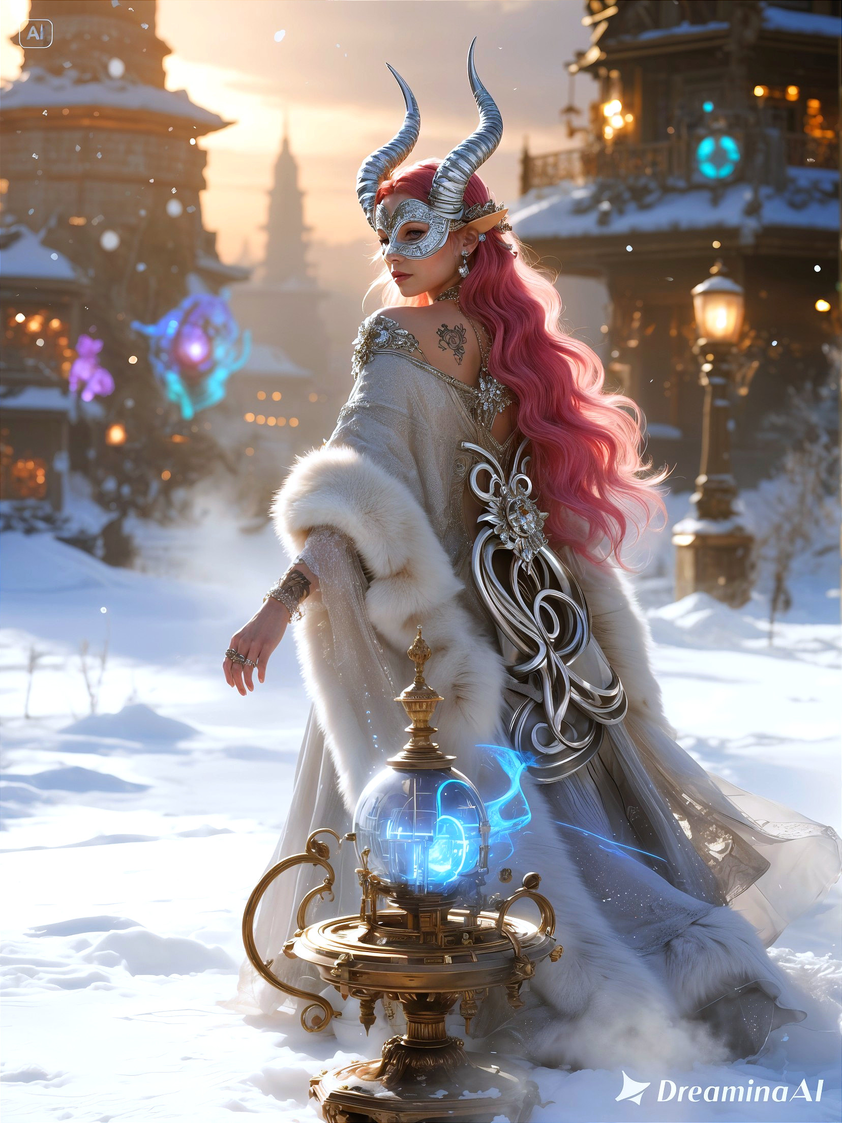 Majestic figure in snowy landscape with elegant gown