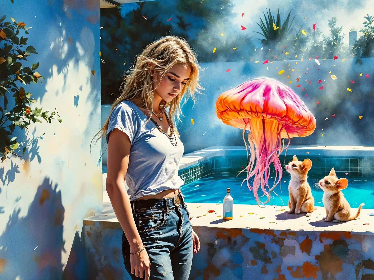 Young woman by pool with puppies and jellyfish scene