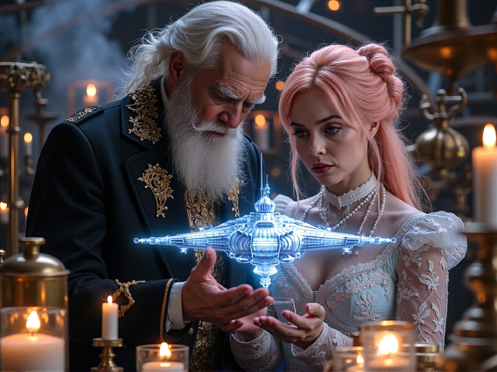 Ornate chamber with glowing device and two figures