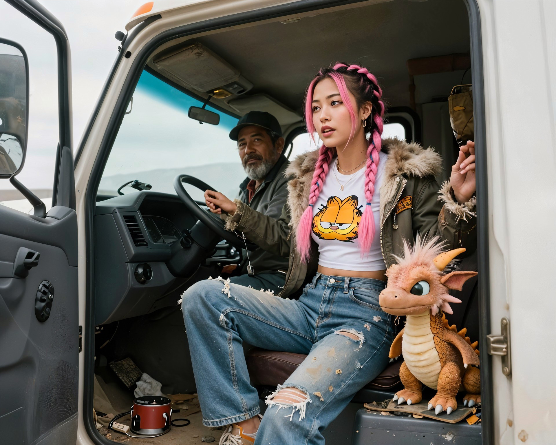 Medium Shot of Man and Woman in White Truck