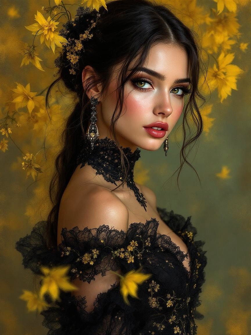 Elegant Young Woman in Black Lace with Floral Accents