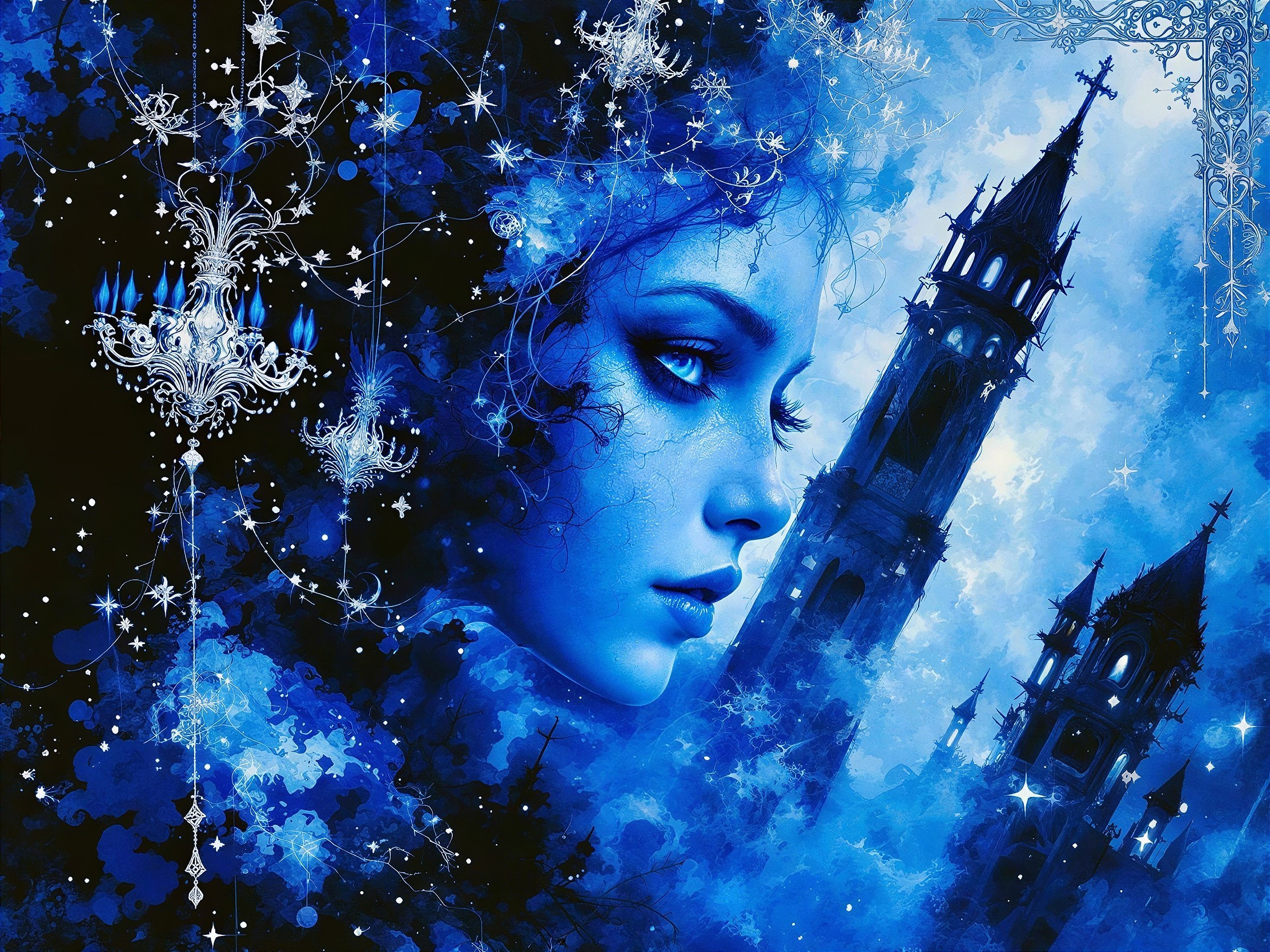 Blue-Hued Profile of a Woman Against Starry Background