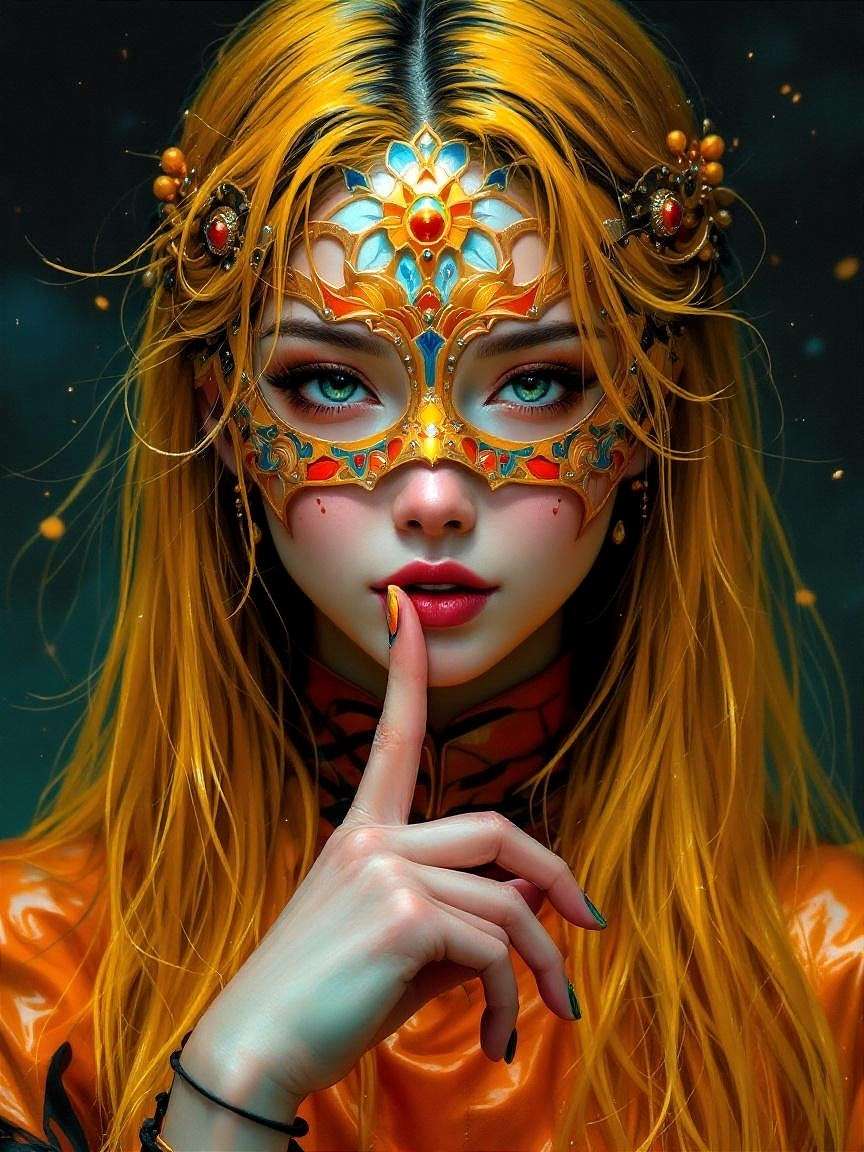 Vibrant Masked Figure with Golden Hair and Dreamy Background