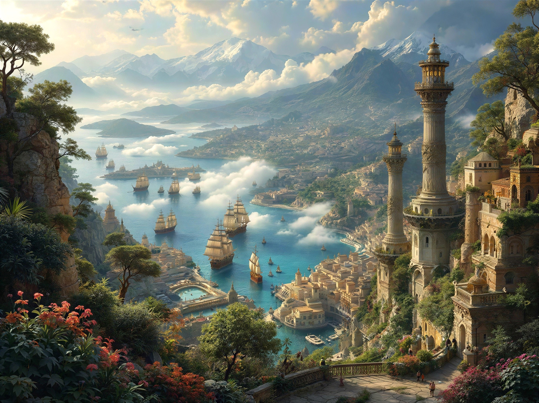 Coastal City on Cliffs with Sailing Ships and Mountains