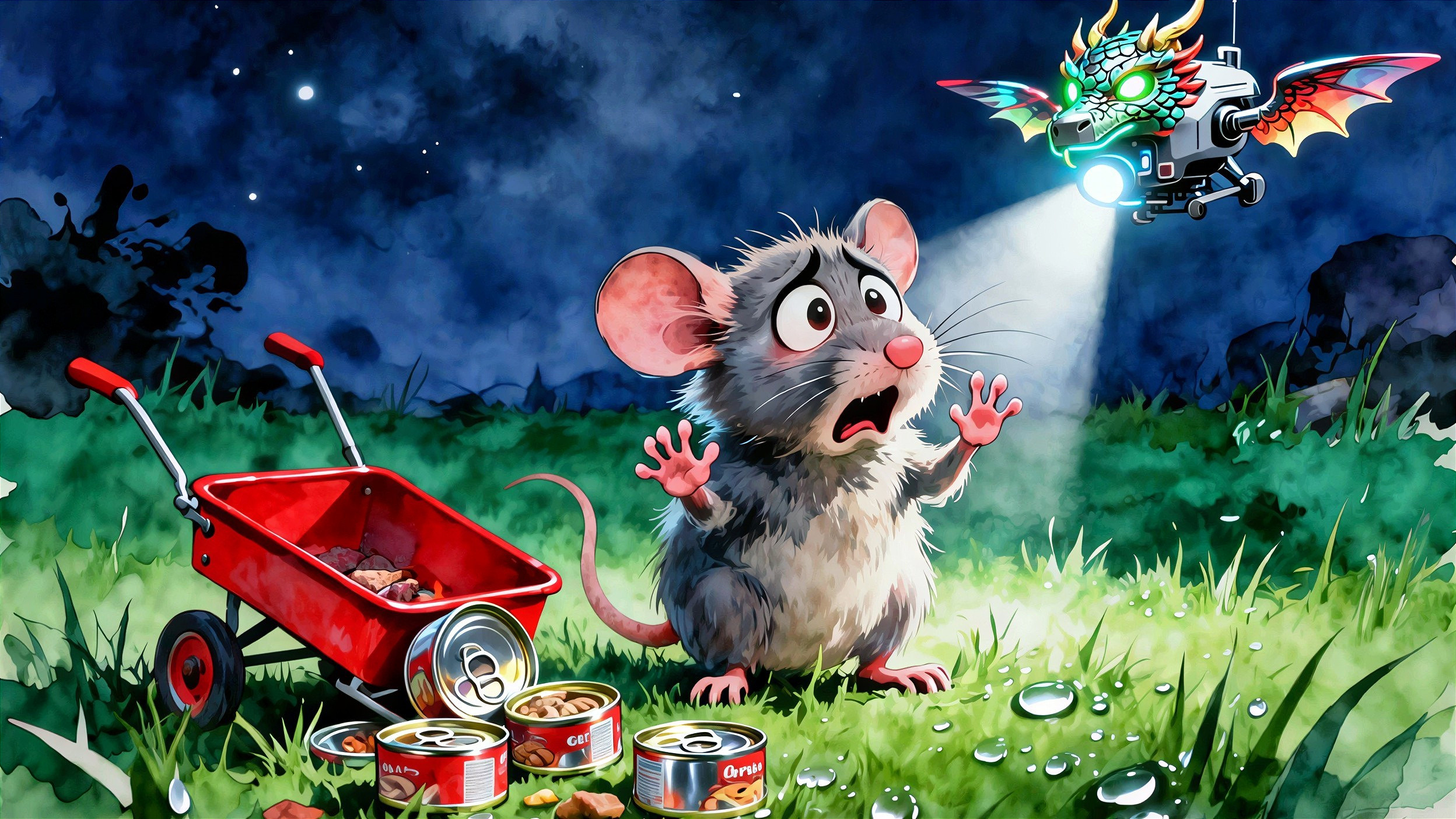 Cartoon Gray Mouse Reacts to Flying Dragon Drone