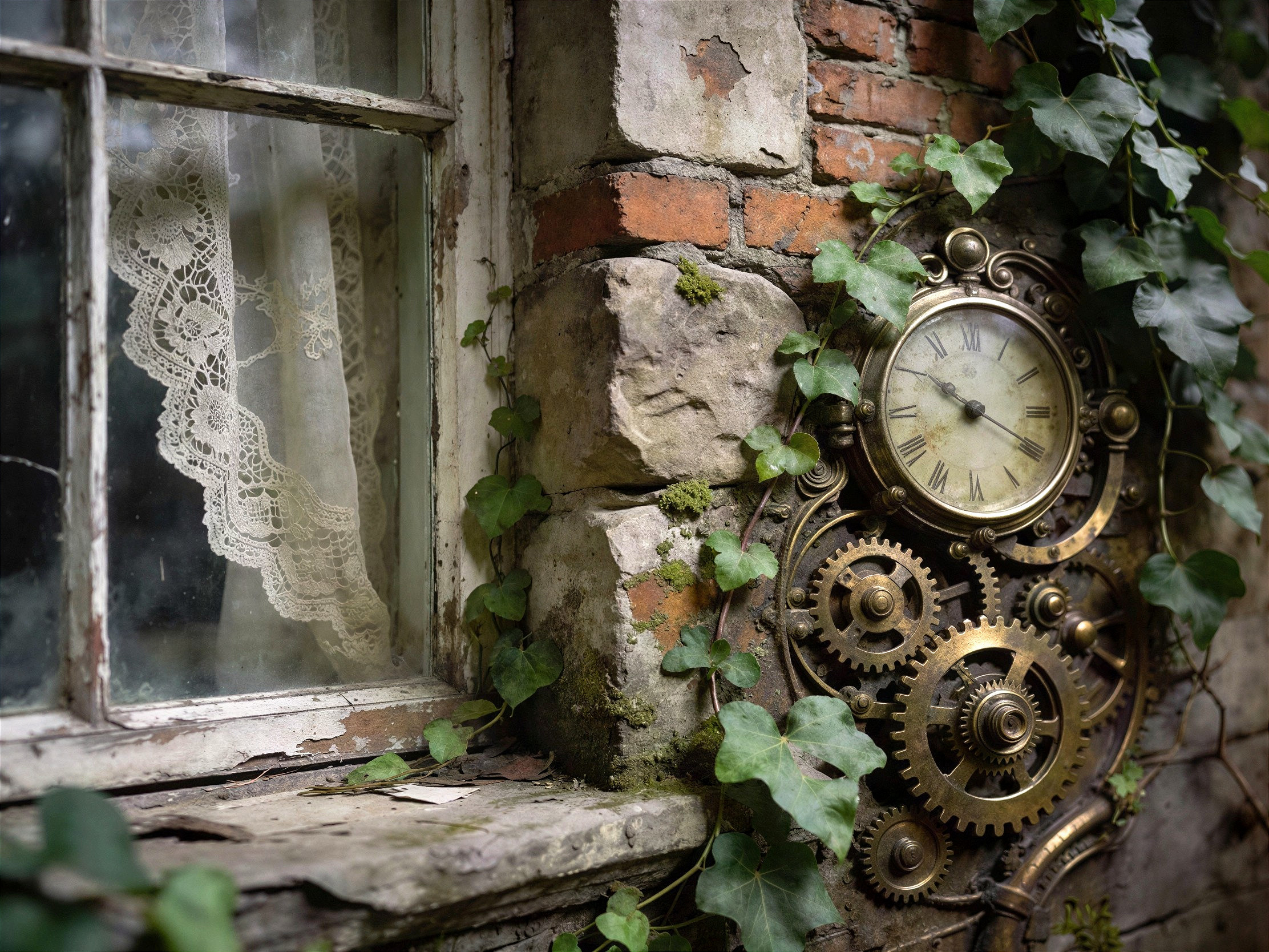 Close-up of an old window frame and steampunk clock