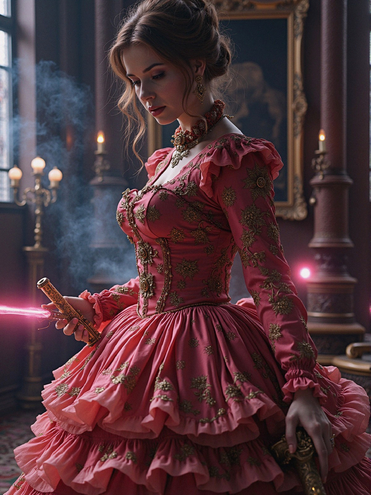Young woman in historical rose pink ball gown with gold details