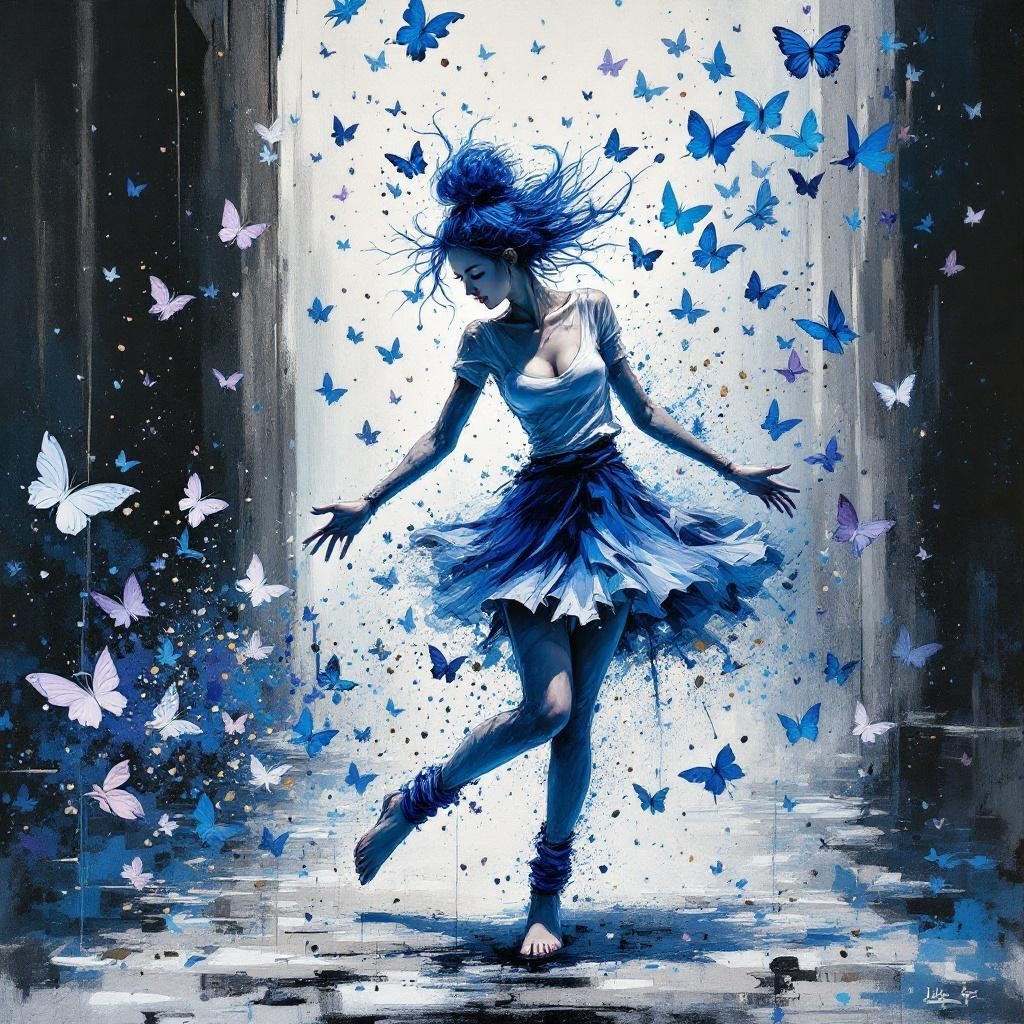 Joyful Dance of a Woman with Blue Butterflies