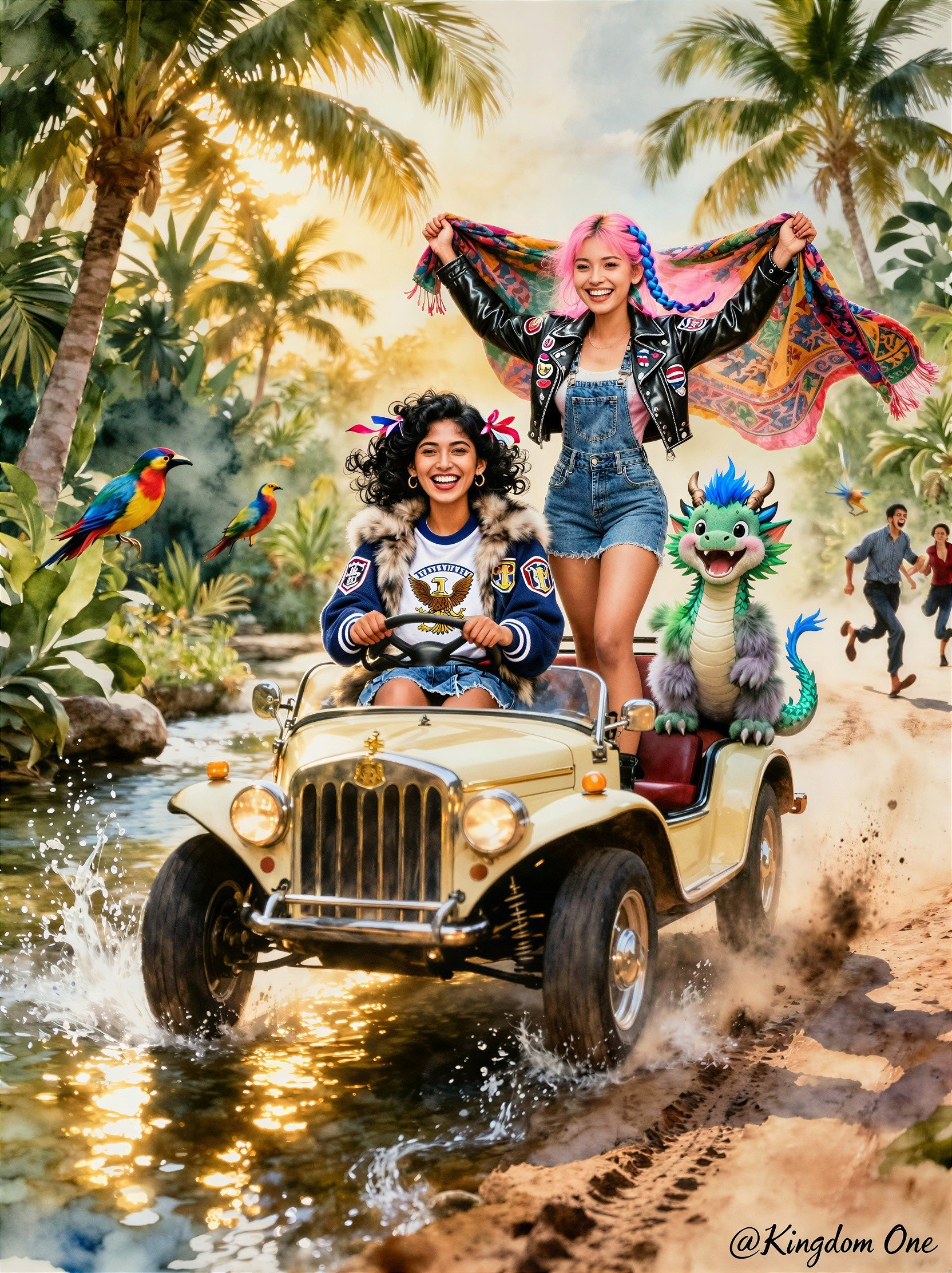 Vibrant Illustration of Women and Dragon in Jeep Adventure