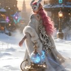 Majestic figure in snowy landscape with elegant gown