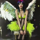 Fantastical figure with blue hair and white wings