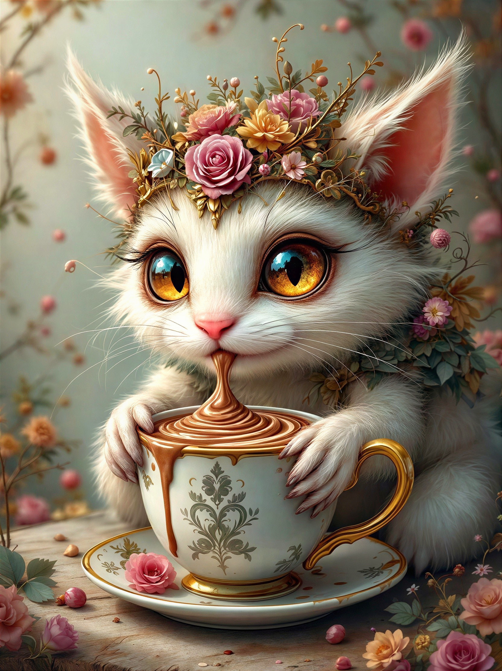 Whimsical Plushie Kitten with Floral Crown and Teacup