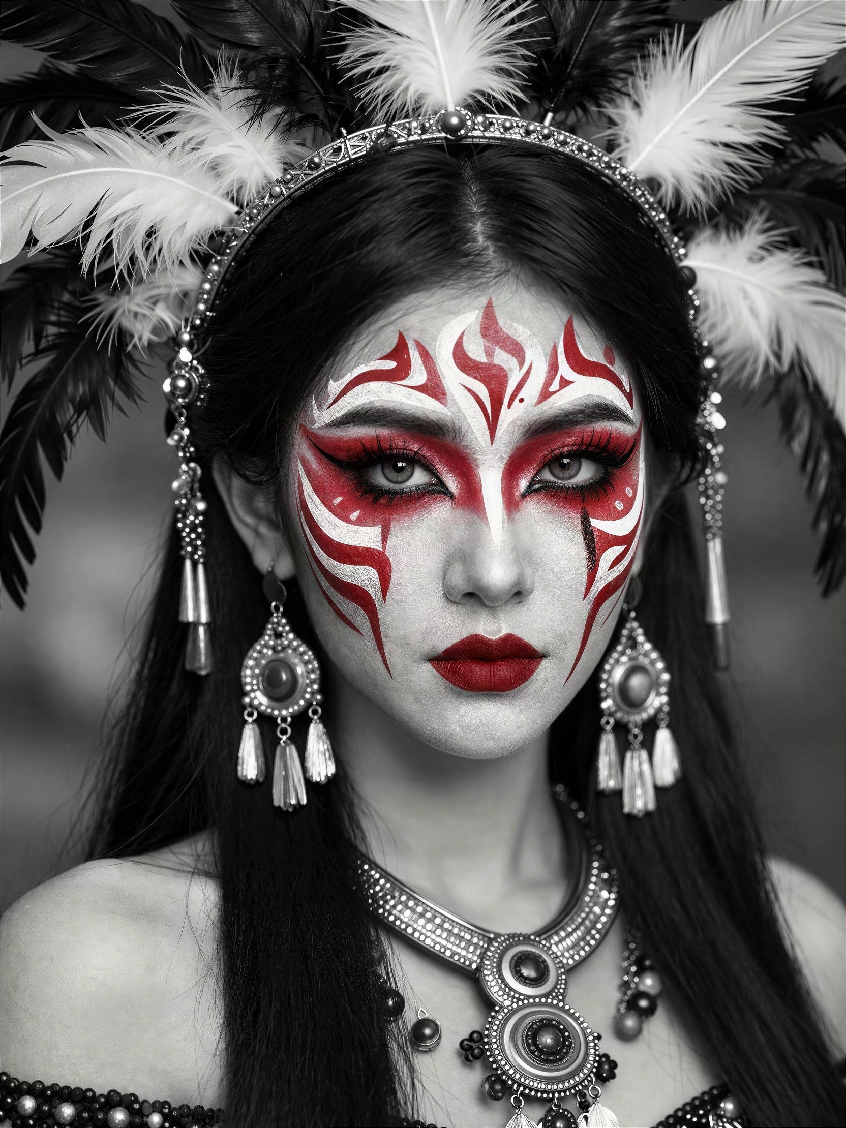 Woman in Feathered Headdress with Tribal Makeup