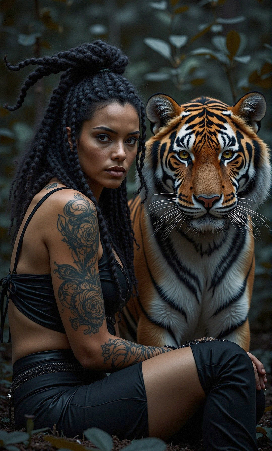 Woman with Tattoos and Tiger in Lush Forest Setting