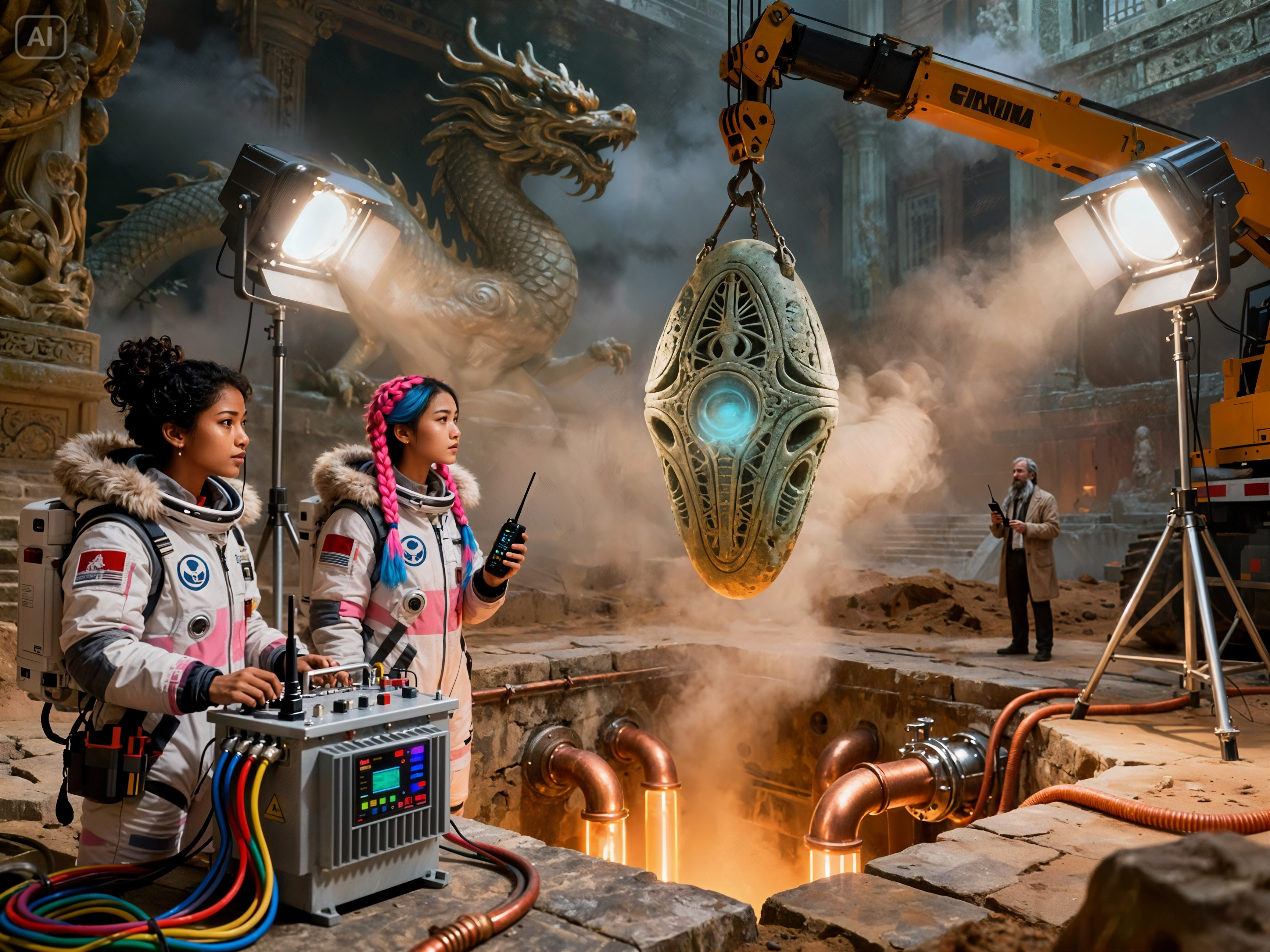 Women in Astronaut Suits at an Excavation Site