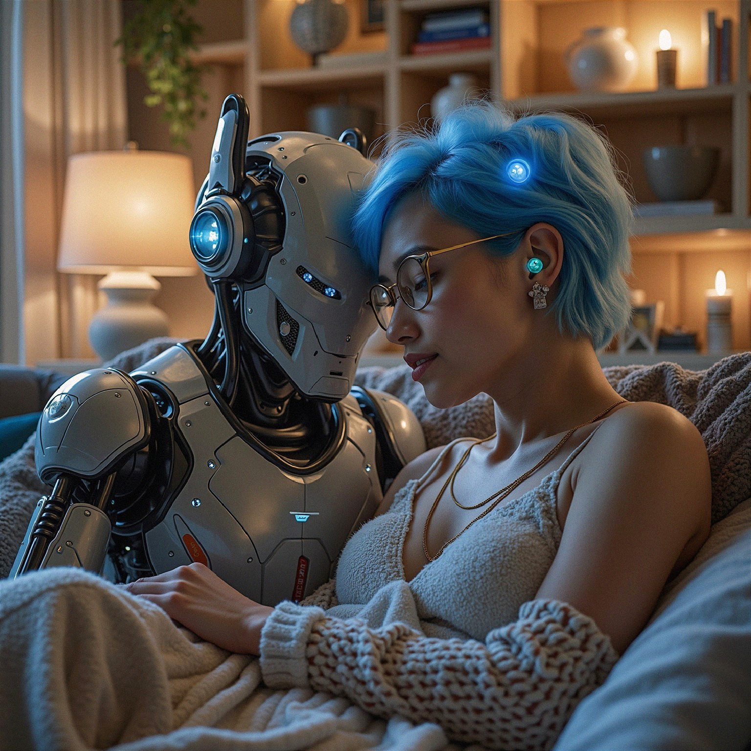 Cozy Room Featuring Woman and Futuristic Robot