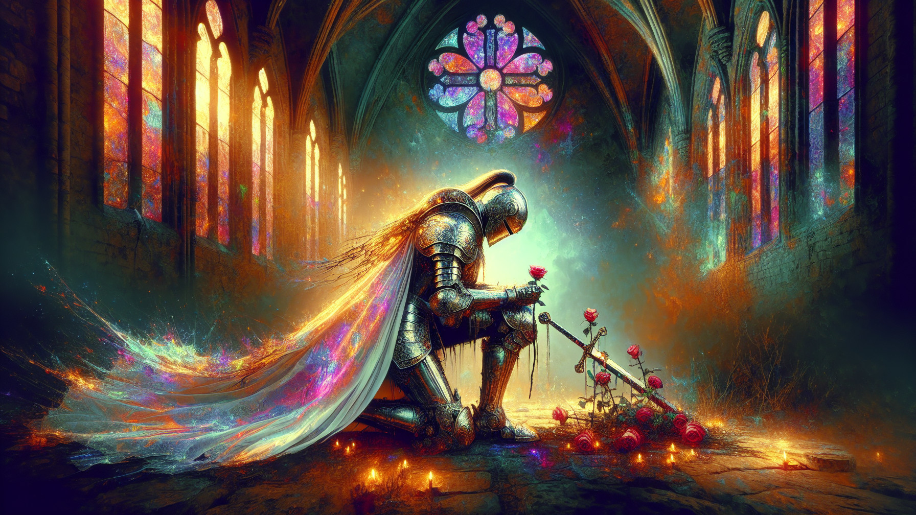 Knight in Armor Kneeling in Mystical Cathedral
