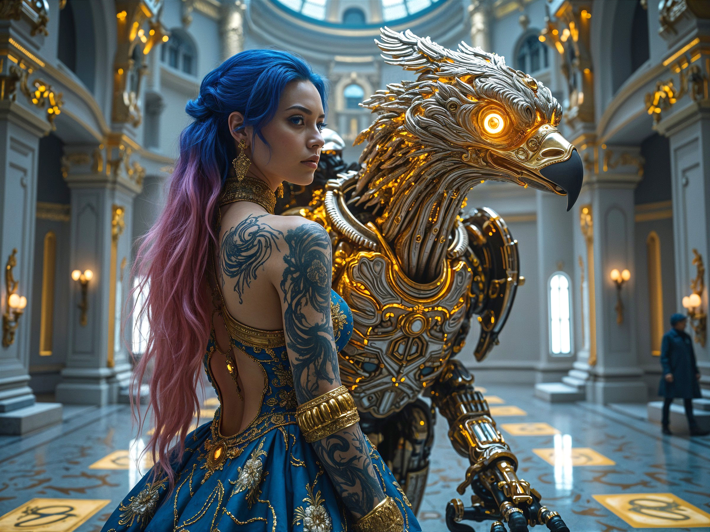 Lavish Hall with Woman and Robotic Eagle Figure