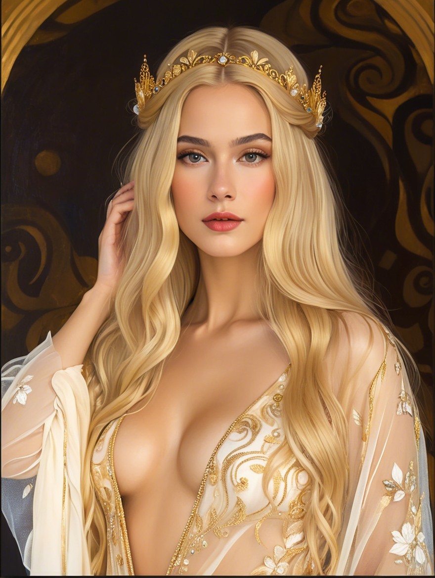 Elegant Woman in Sheer Gown with Gold Crown