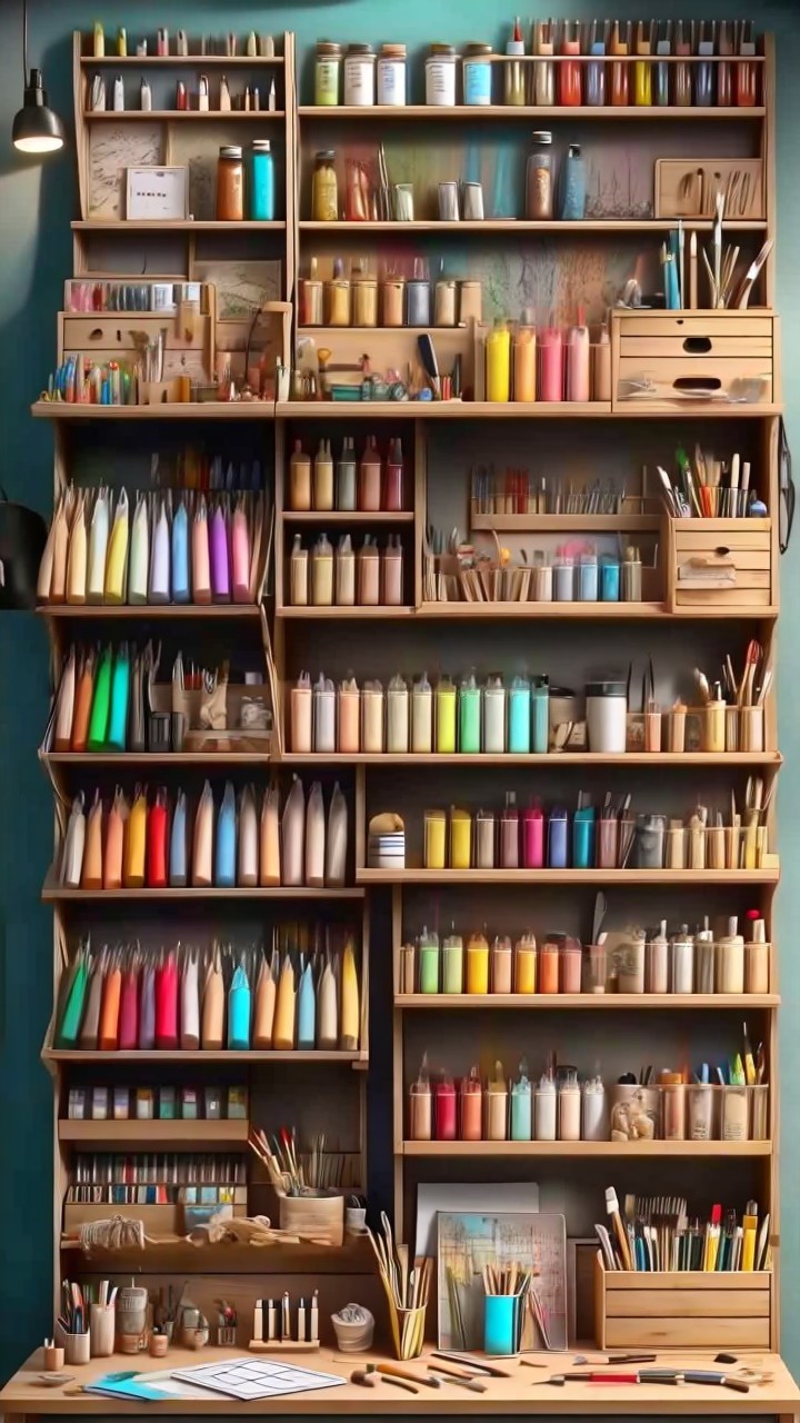 Vibrant Art Supply Shelf with Organized Materials