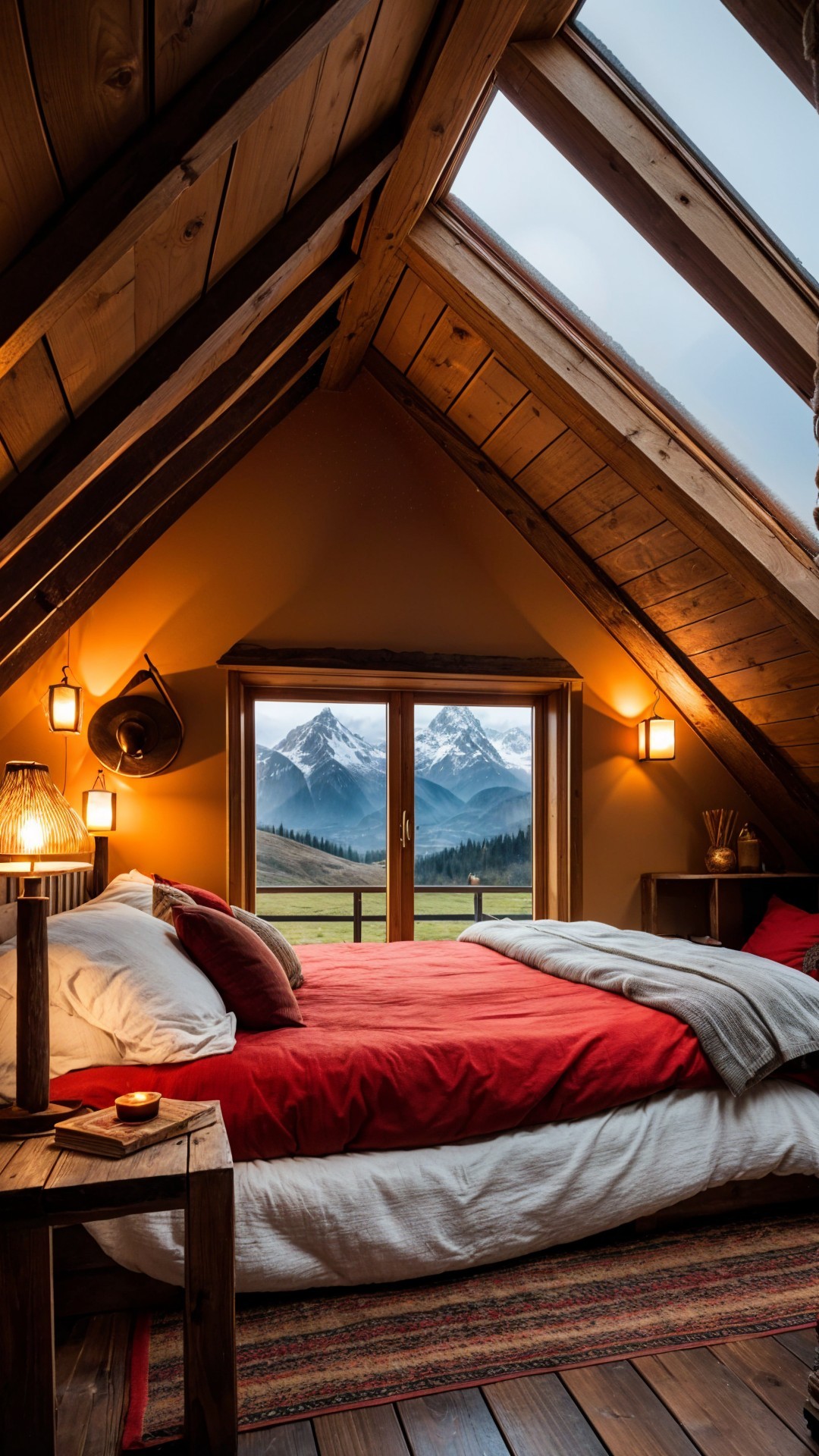 Cozy Attic Bedroom with Mountain Views and Rustic Decor