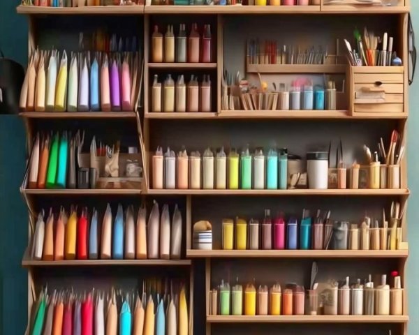 Vibrant Art Supply Shelf with Organized Materials