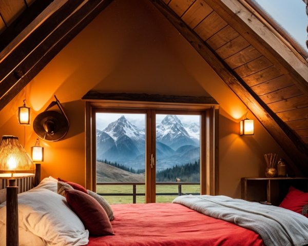 Cozy Attic Bedroom with Mountain Views and Rustic Decor