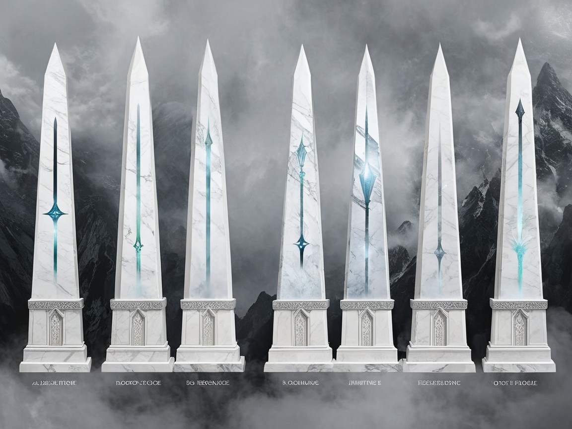 Tall Marble Obelisks with Turquoise Designs and Accents
