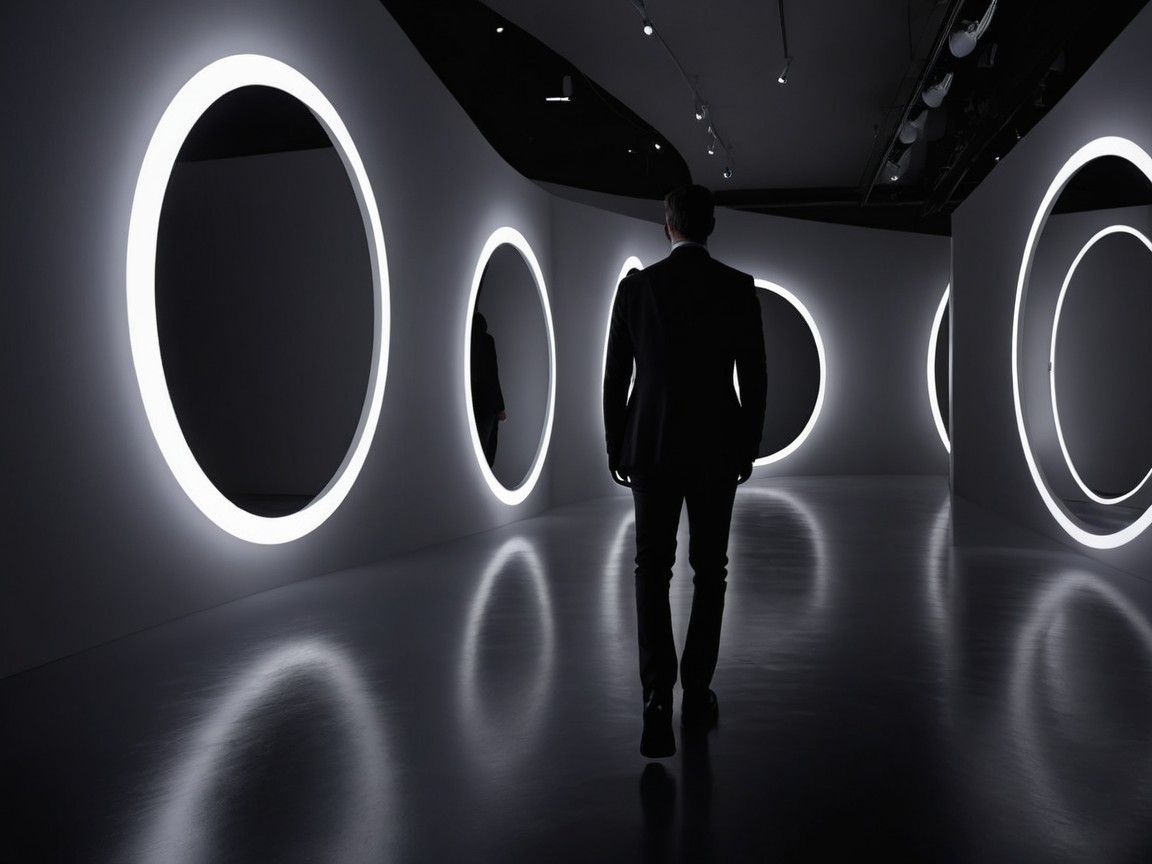 Man in Suit Walking Through Glowing Hallway
