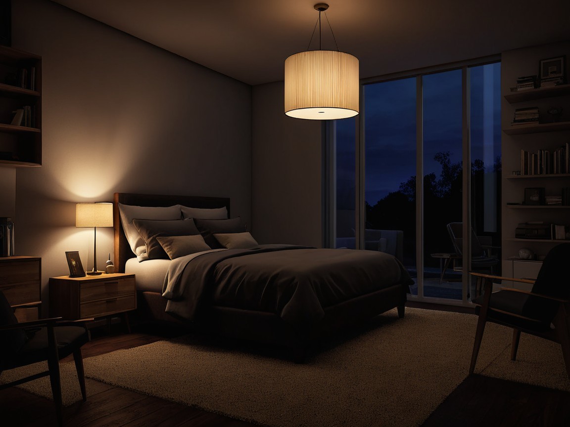 Cozy dimly lit bedroom with warm lighting and decor